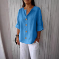 Loose-fit Women's V-neck Cotton-Linen Button T-shirt Top