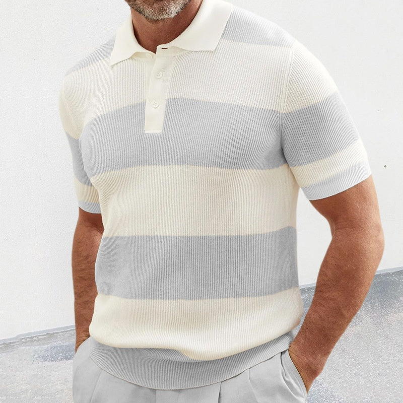 Texhope Men's Summer Lapel Short Sleeve Sweater Slim Fit Color Block Knit Casual Shirt Top