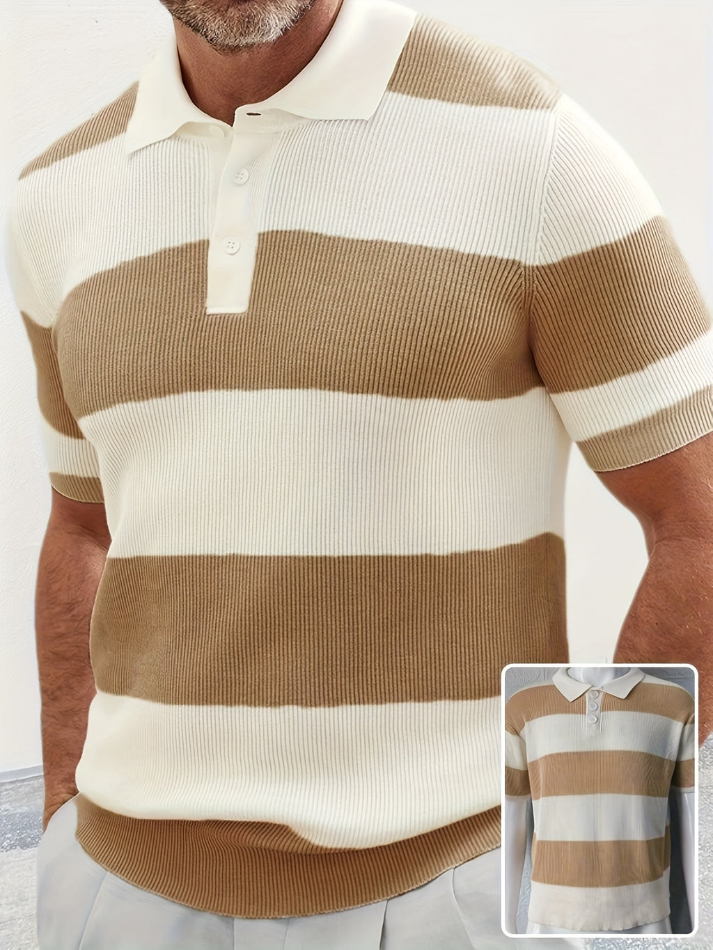 Texhope Men's Summer Lapel Short Sleeve Sweater Slim Fit Color Block Knit Casual Shirt Top