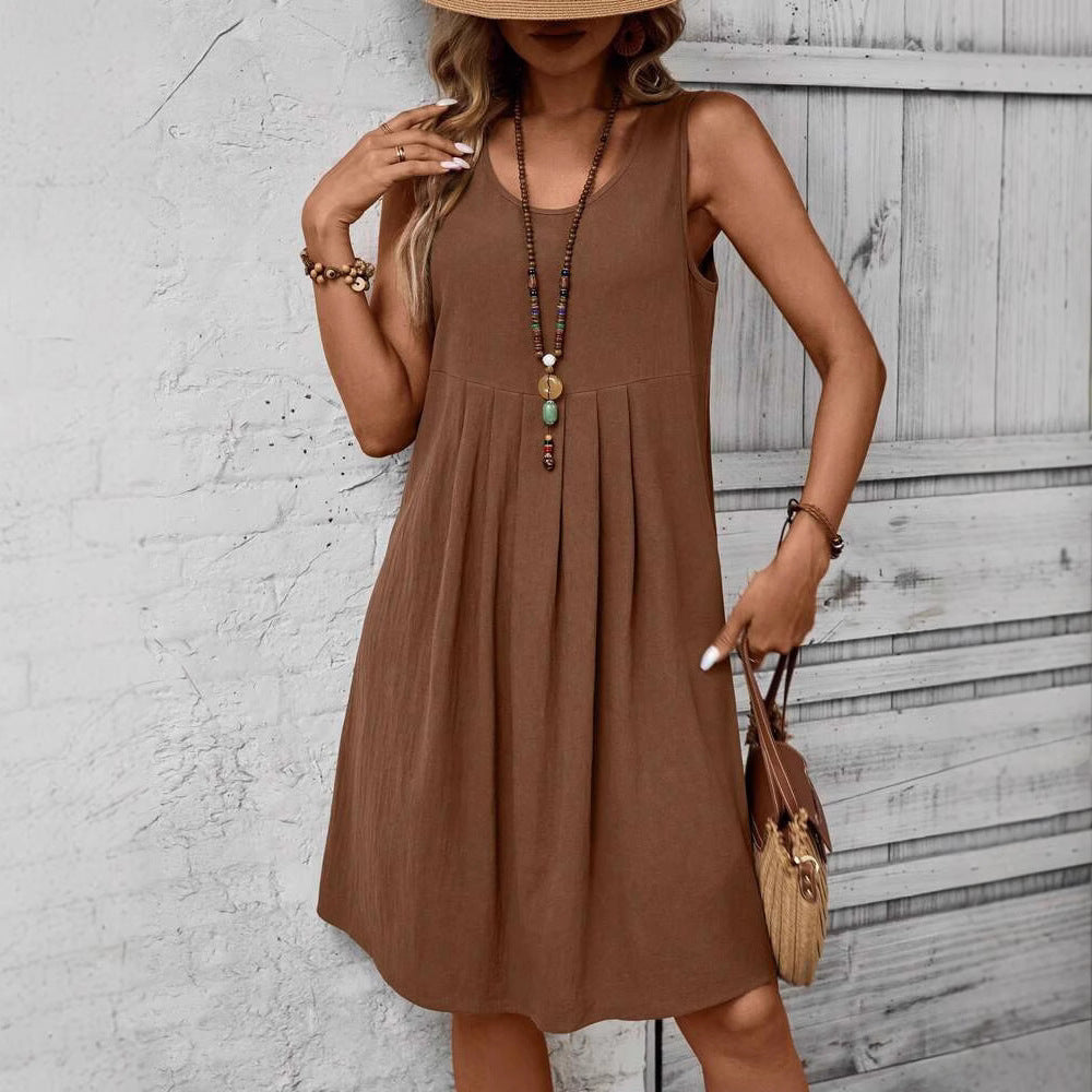 Casual Solid-Colored Cotton And Linen Womens Dress