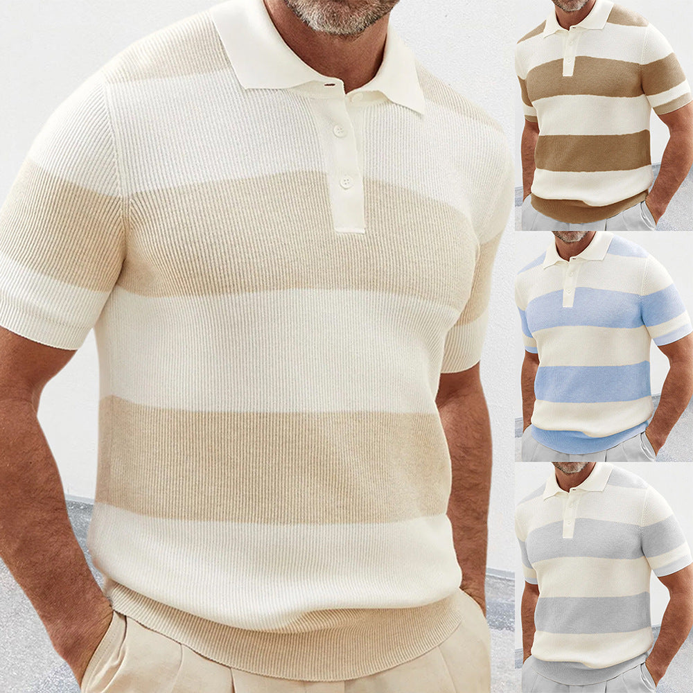 Texhope Men's Summer Lapel Short Sleeve Sweater Slim Fit Color Block Knit Casual Shirt Top