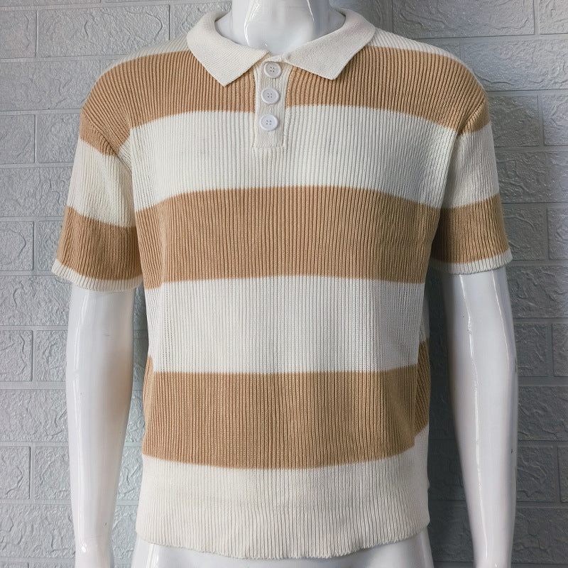 Texhope Men's Summer Lapel Short Sleeve Sweater Slim Fit Color Block Knit Casual Shirt Top