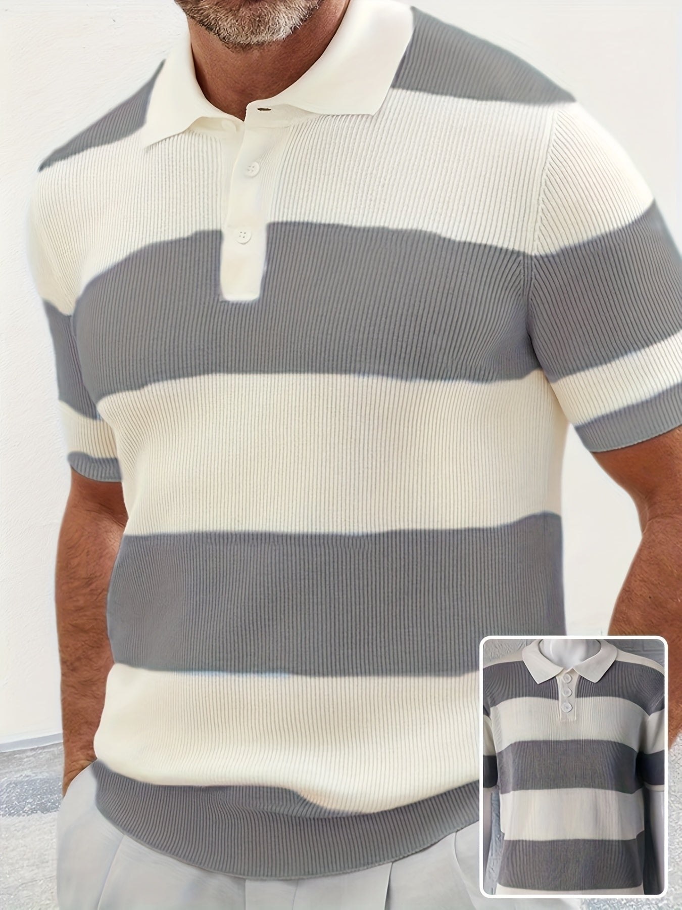 Texhope Men's Summer Lapel Short Sleeve Sweater Slim Fit Color Block Knit Casual Shirt Top