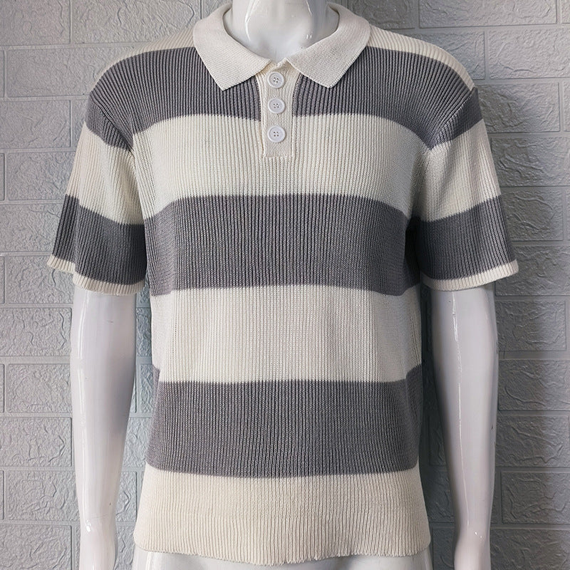 Texhope Men's Summer Lapel Short Sleeve Sweater Slim Fit Color Block Knit Casual Shirt Top