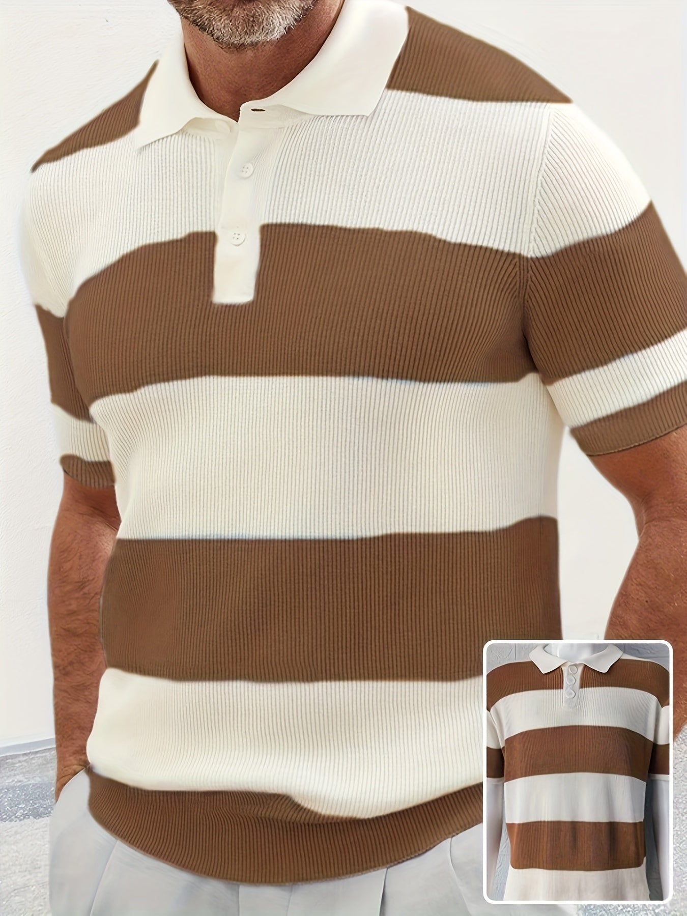 Texhope Men's Summer Lapel Short Sleeve Sweater Slim Fit Color Block Knit Casual Shirt Top